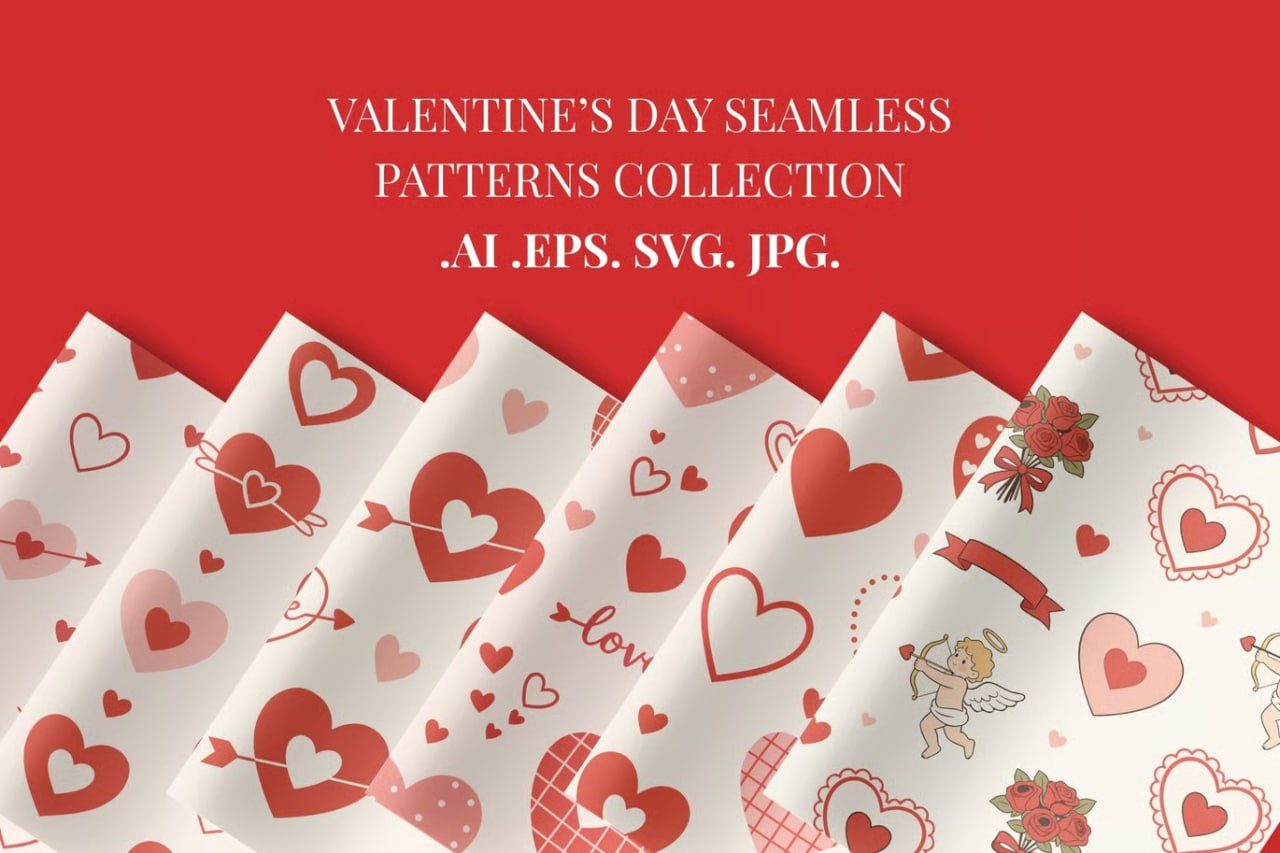 Valentine Hearts & Gifts Seamless Pattern Set preview