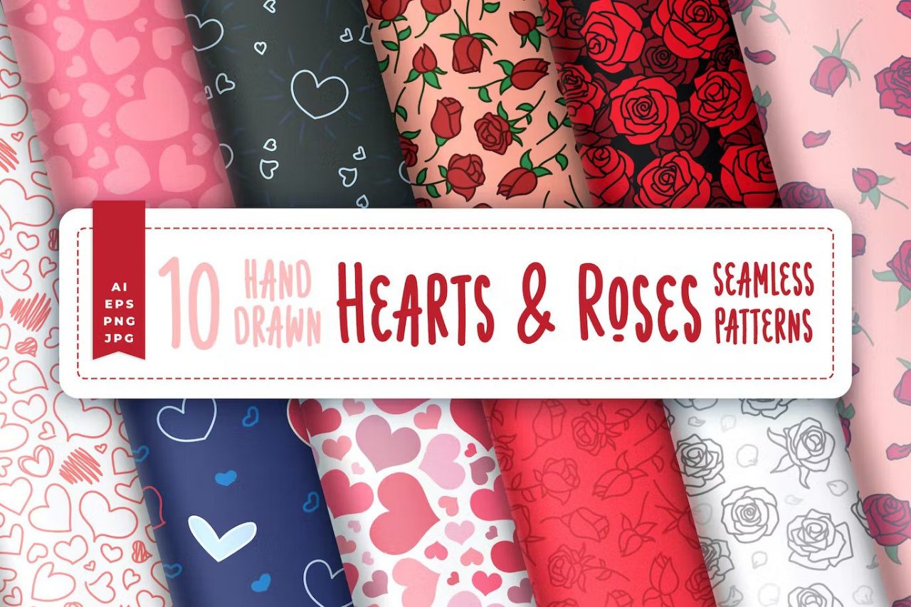 Hand Drawn Heart & Rose Patterns
